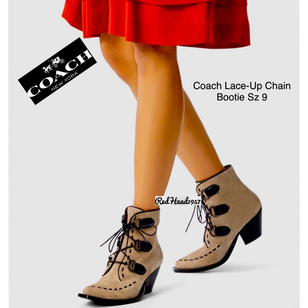 ๐ HTF! ๐ฅ๐ธ๐ป Coach Lace-Up Chain Oak Booties NIB๐ข ๐ FIRM PRICE๐ฅ๐ฅ๐ฅ - Picture 1 of 13